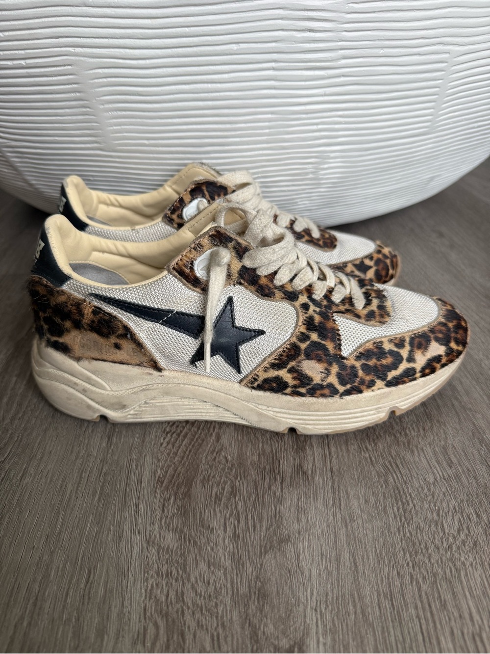 Golden Goose Leopard-Print Sneakers with Black Star & Cream Panels
